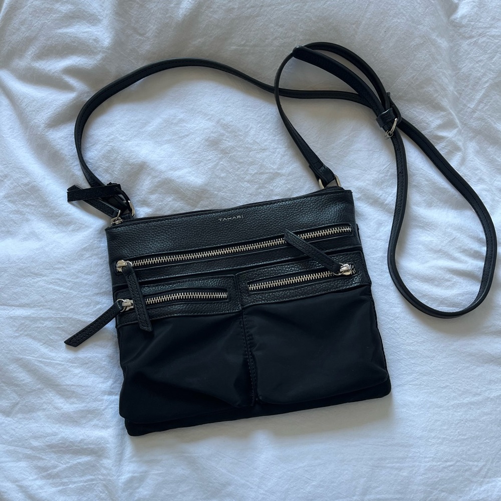 Tahari Black Crossbody with Silver Zipper and leather accents